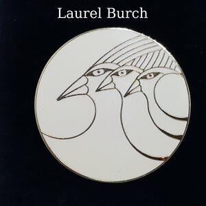 Vintage Laurel Burch Celestial Birds Brooch, Gold Plated Cloisonne, 1980s